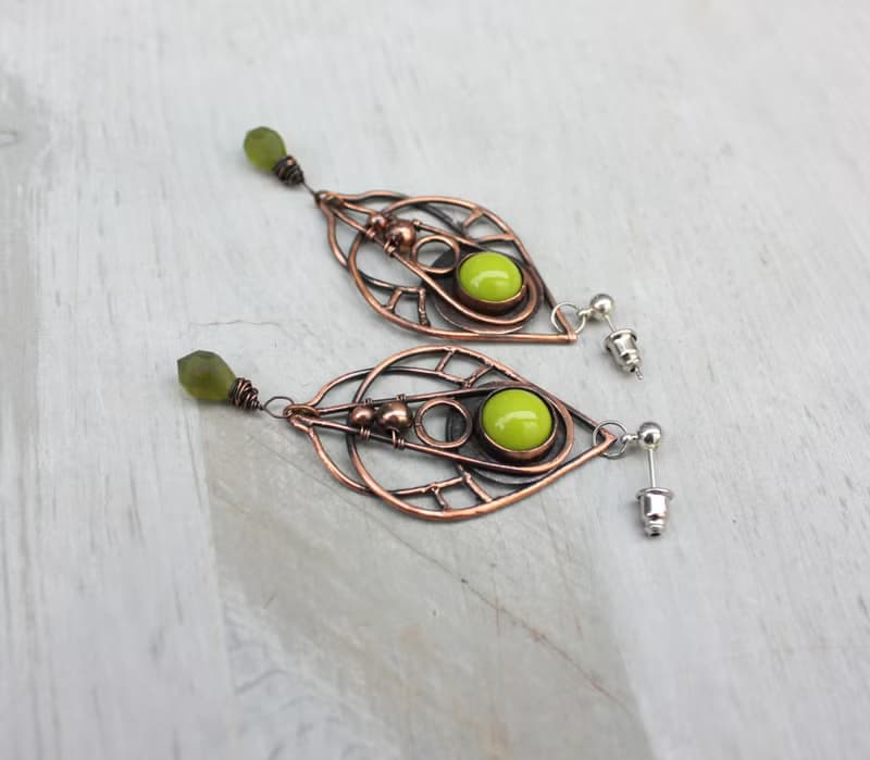 Olive Green Chandelier Earrings, Wire Wrapped Boho Jewelry, gift for her