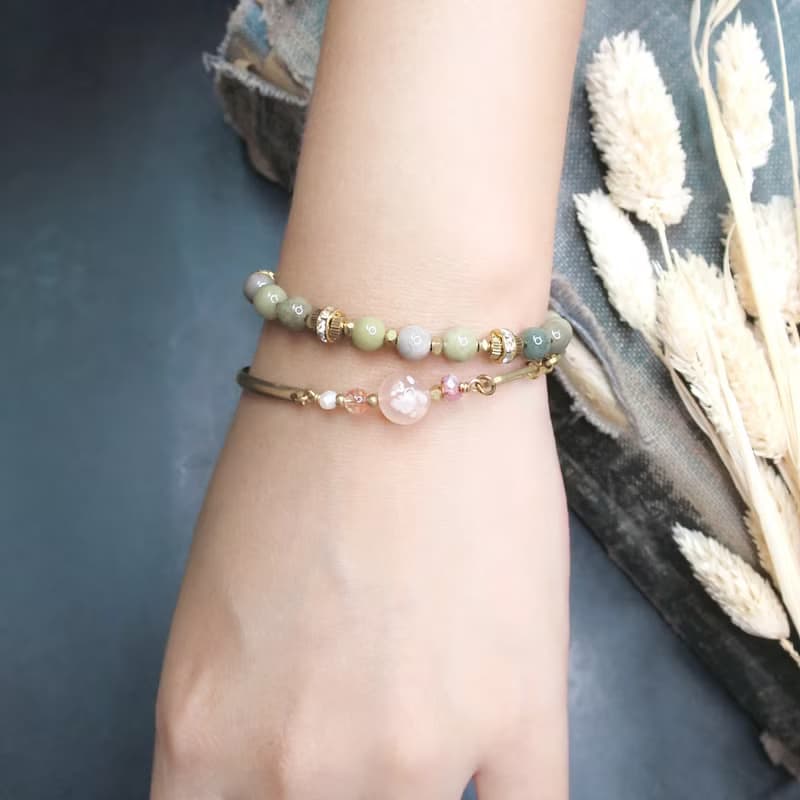 VIIART。綠豆。阿拉善鋯石黃銅手鍊 | 瑪瑙復古手鏈手串洗澡免拆