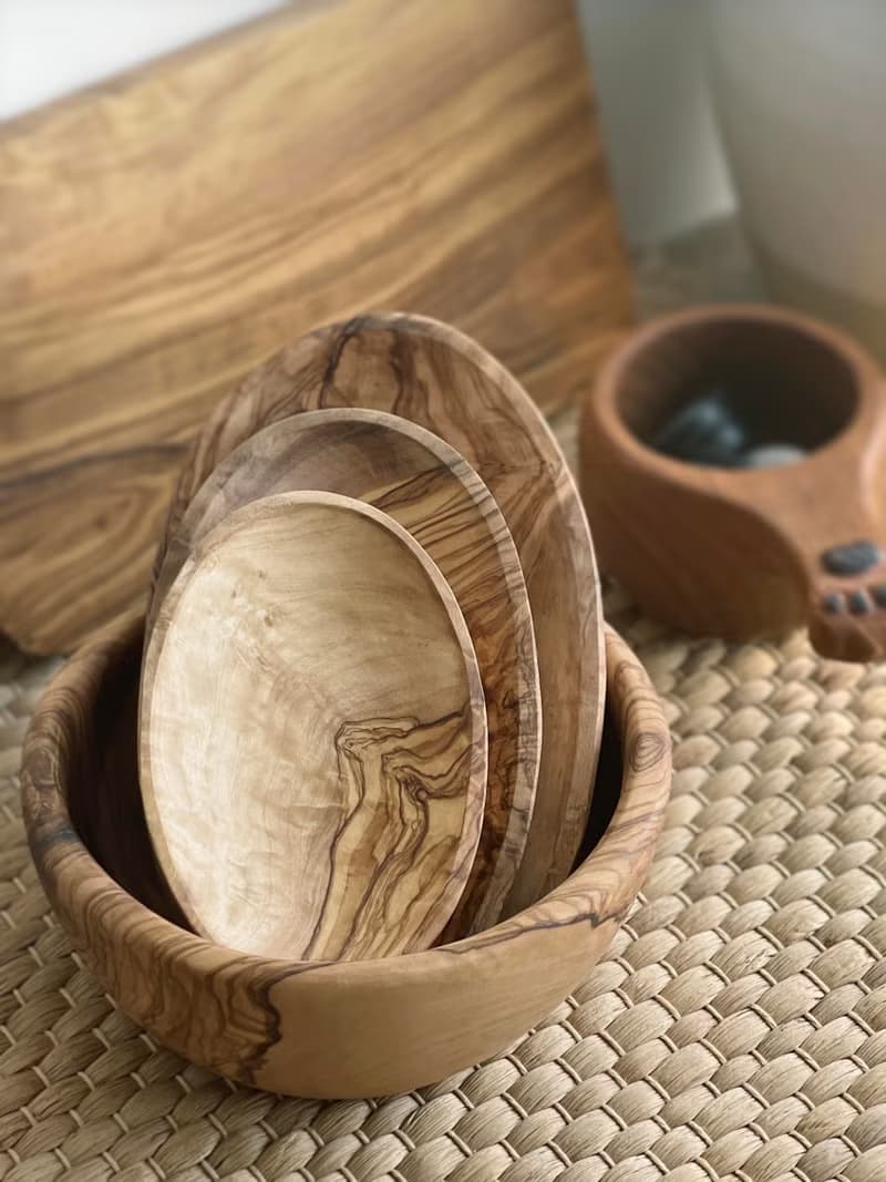 手工製橄欖木橢圓盤三件套