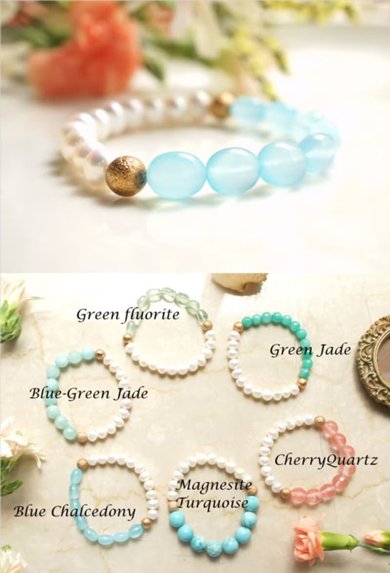 真珠とブルーカルセドニーのブレスレット　Johanna