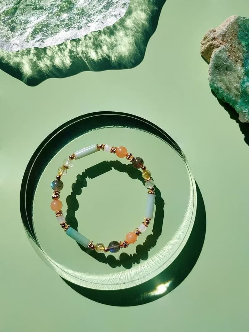 兩隻黃鸝鳴翠柳。粉東菱玉 拉長石 黃髮晶 14K包金 水晶設計手鍊