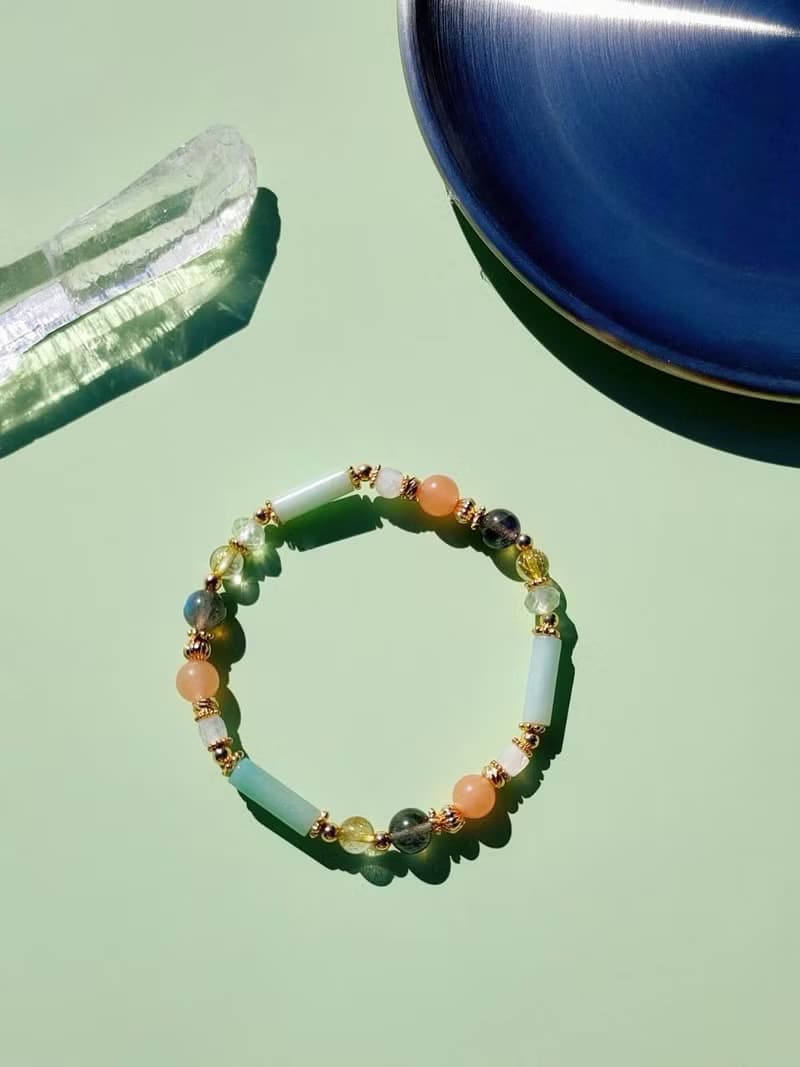 兩隻黃鸝鳴翠柳。粉東菱玉 拉長石 黃髮晶 14K包金 水晶設計手鍊