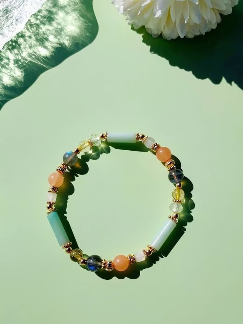 兩隻黃鸝鳴翠柳。粉東菱玉 拉長石 黃髮晶 14K包金 水晶設計手鍊