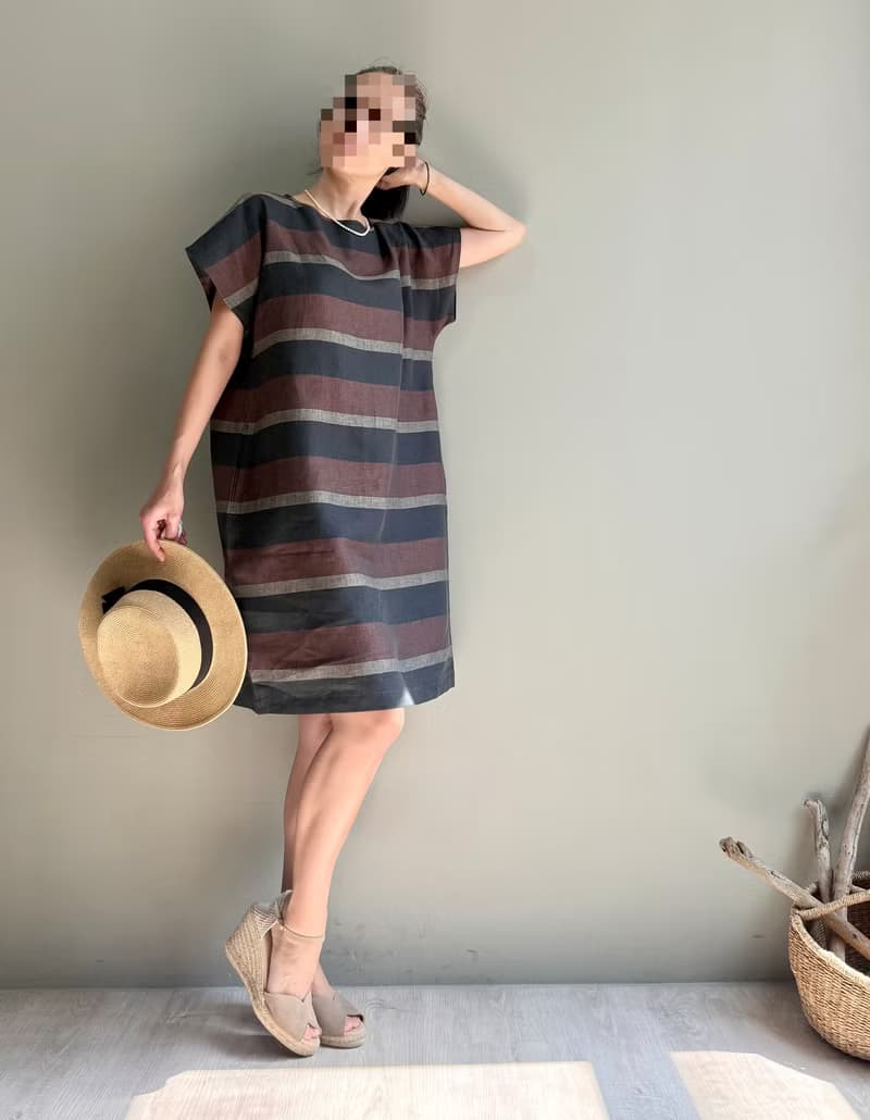 羅馬之夜/黑巧克力配色寬條紋義大利製亞麻短袖小洋裝100%亞麻