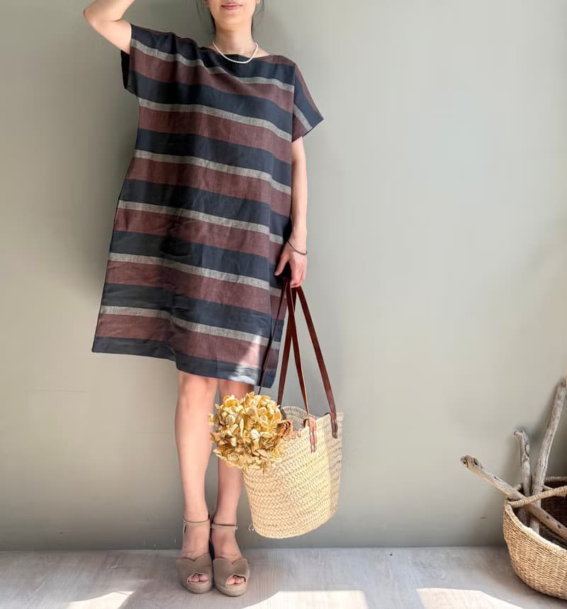 羅馬之夜/黑巧克力配色寬條紋義大利製亞麻短袖小洋裝100%亞麻