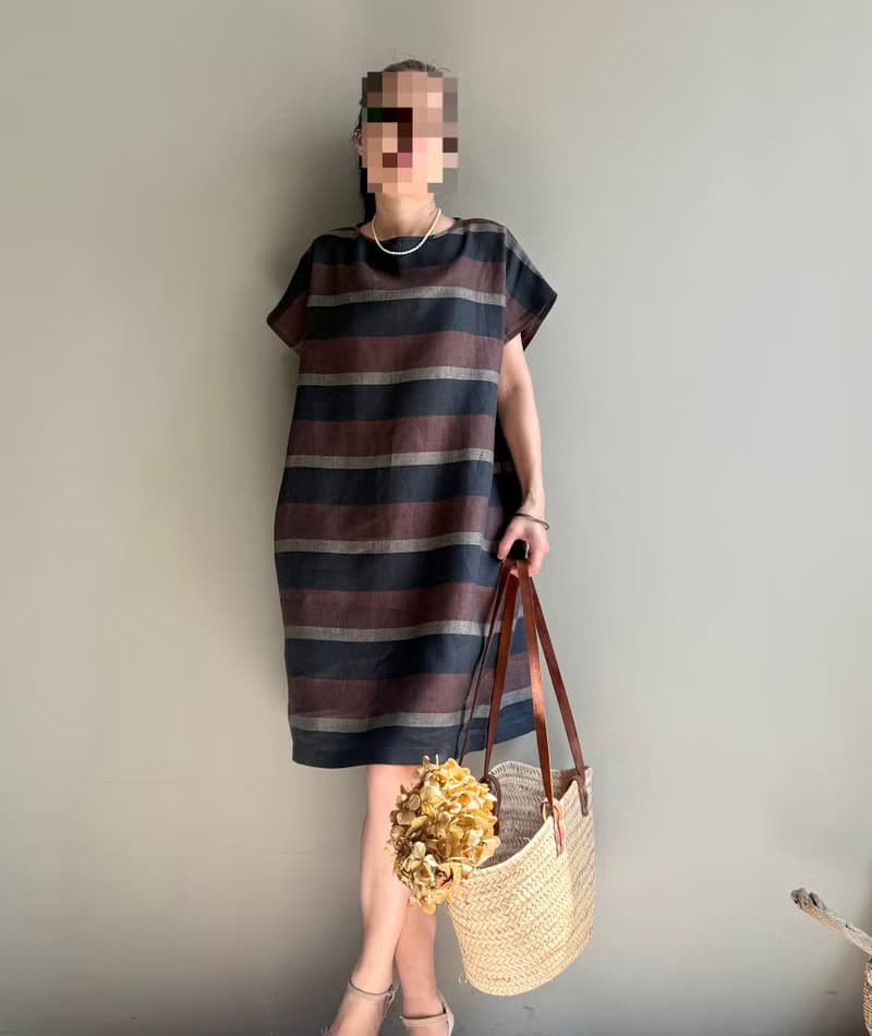 羅馬之夜/黑巧克力配色寬條紋義大利製亞麻短袖小洋裝100%亞麻