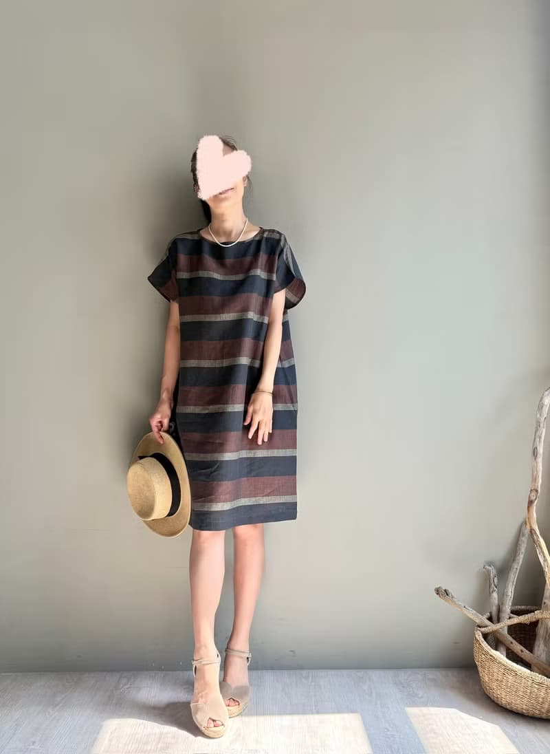 羅馬之夜/黑巧克力配色寬條紋義大利製亞麻短袖小洋裝100%亞麻