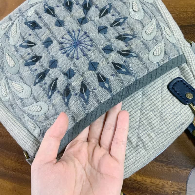 灰藍蕾絲刺繡日本先染布真皮提把手提包肩背包