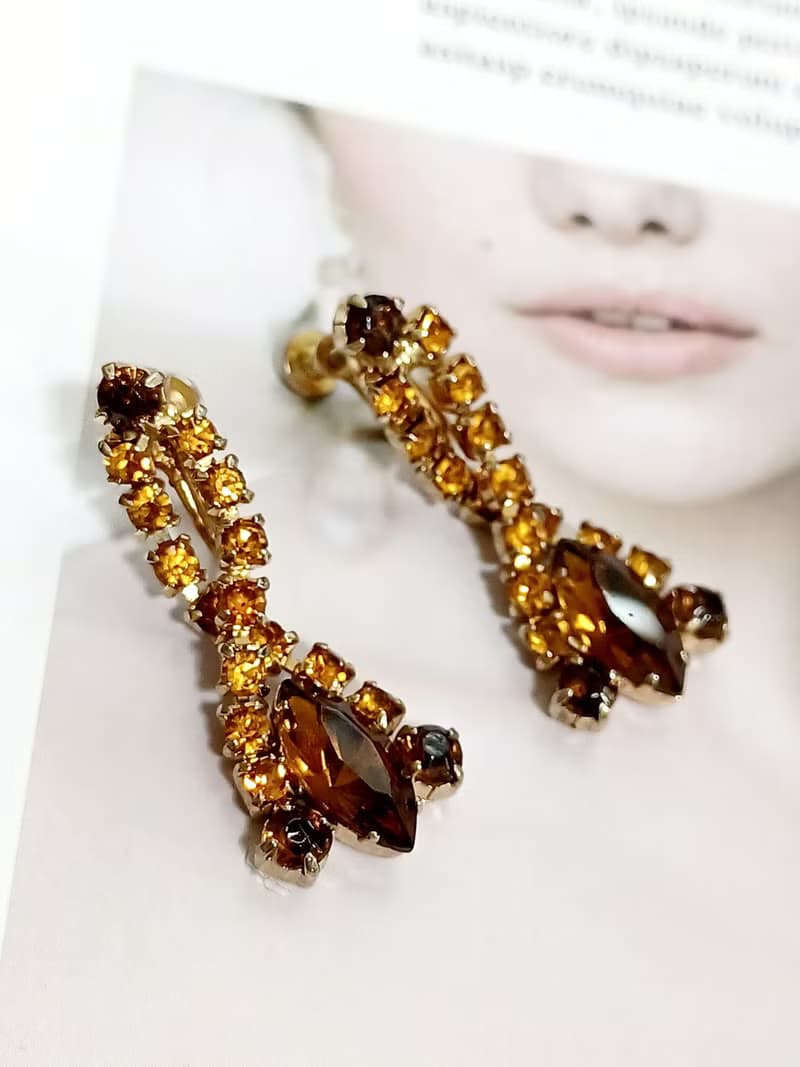 vintage jewelry  典雅奢華垂墜萊茵鑽 夾式耳環