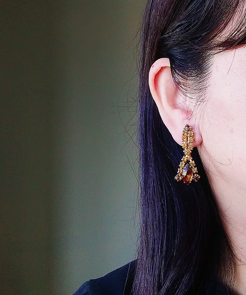 vintage jewelry  典雅奢華垂墜萊茵鑽 夾式耳環