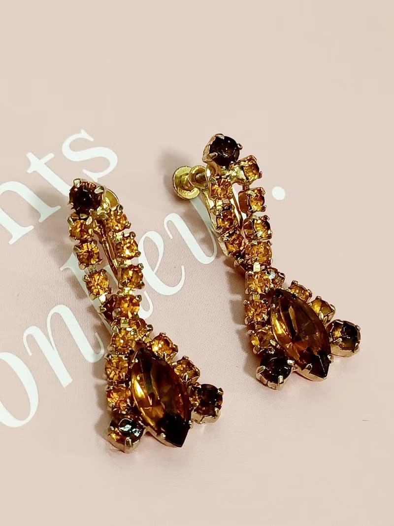 vintage jewelry  典雅奢華垂墜萊茵鑽 夾式耳環
