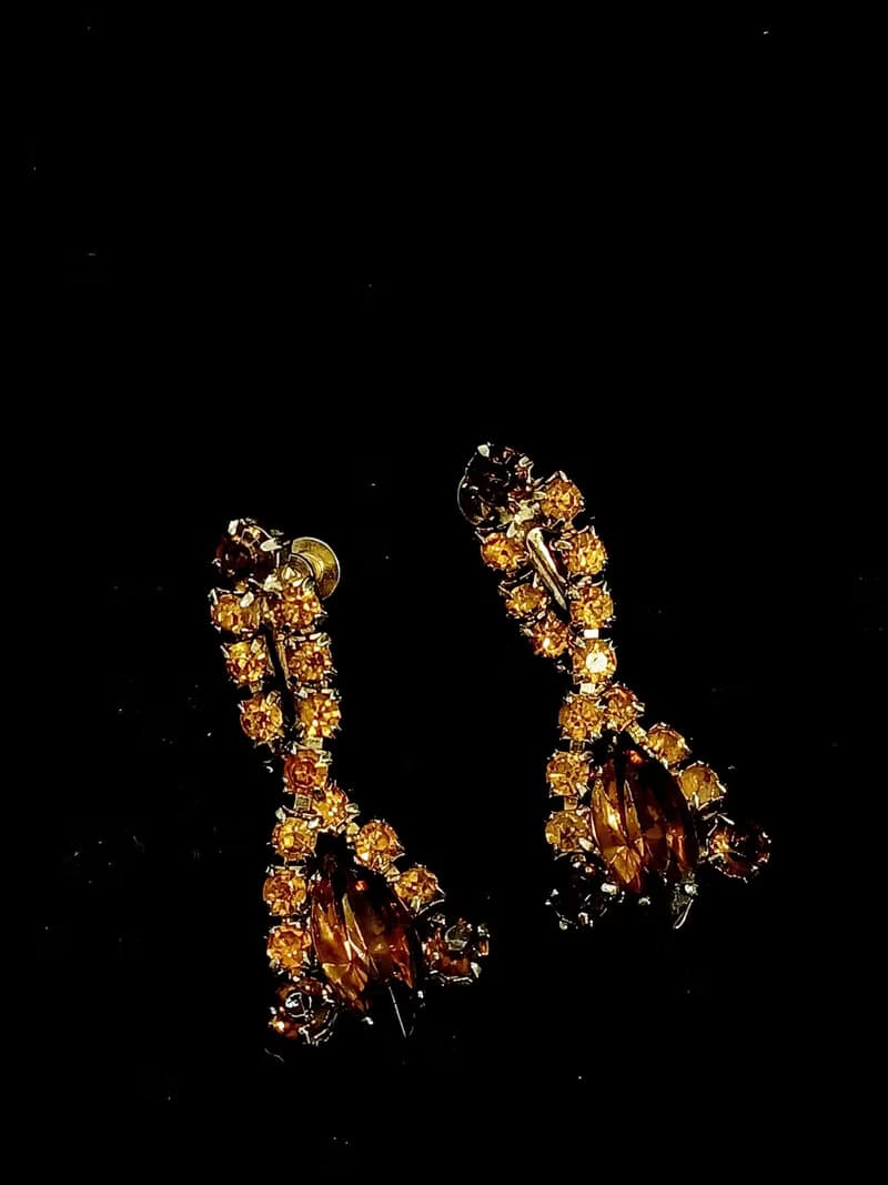 vintage jewelry  典雅奢華垂墜萊茵鑽 夾式耳環
