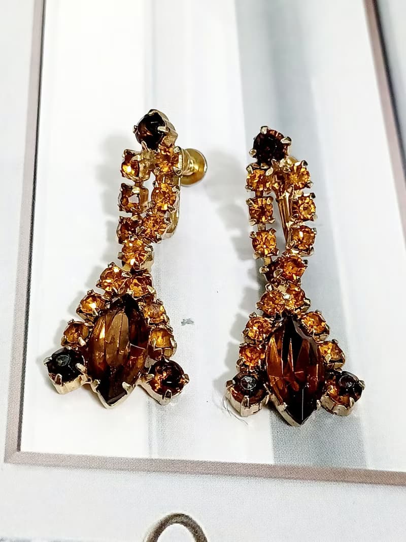 vintage jewelry  典雅奢華垂墜萊茵鑽 夾式耳環