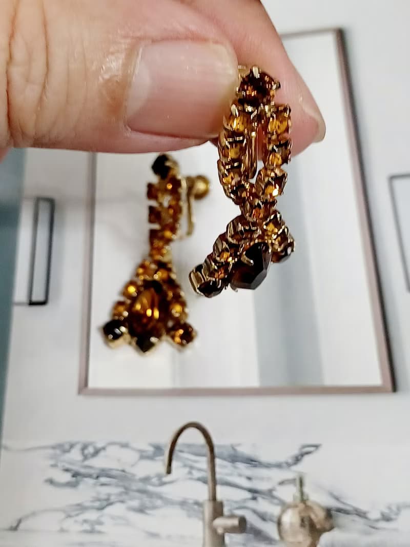 vintage jewelry  典雅奢華垂墜萊茵鑽 夾式耳環