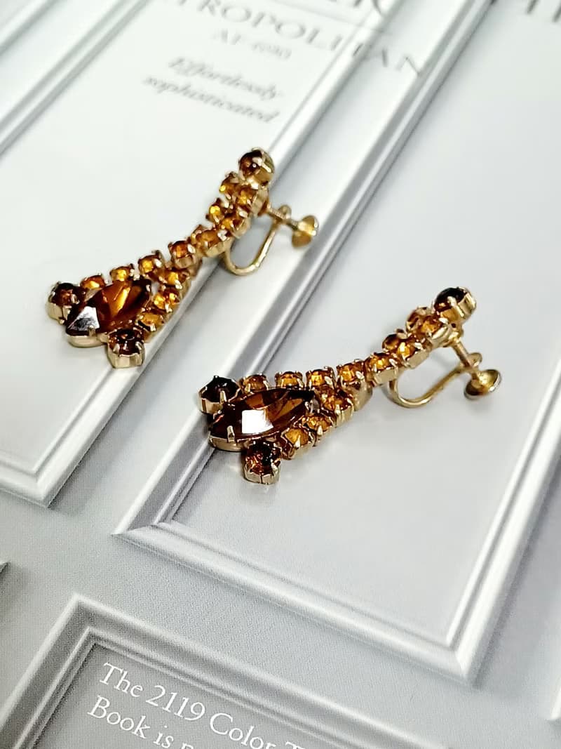 vintage jewelry  典雅奢華垂墜萊茵鑽 夾式耳環