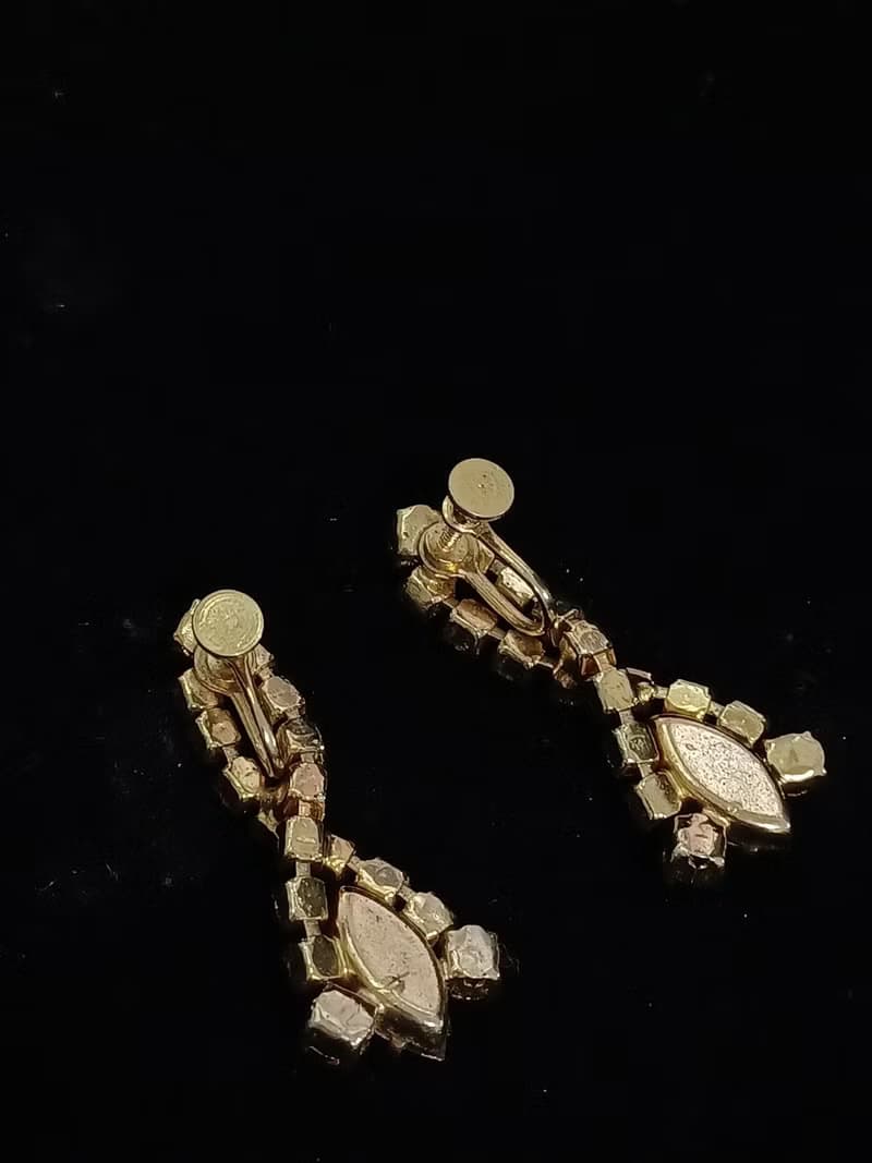 vintage jewelry  典雅奢華垂墜萊茵鑽 夾式耳環