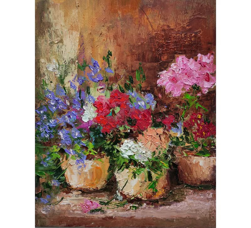 Floral Bouquet Original Oil Painting Potted Flowers Wall Art Gift Idea 手工油畫 油畫原作
