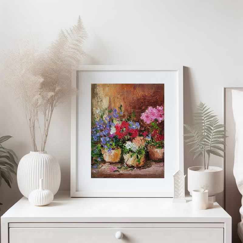 Floral Bouquet Original Oil Painting Potted Flowers Wall Art Gift Idea 手工油畫 油畫原作