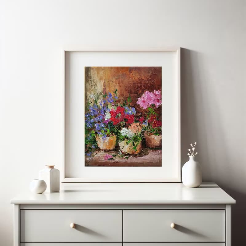 Floral Bouquet Original Oil Painting Potted Flowers Wall Art Gift Idea 手工油畫 油畫原作