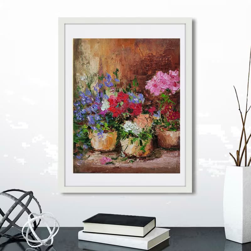 Floral Bouquet Original Oil Painting Potted Flowers Wall Art Gift Idea 手工油畫 油畫原作