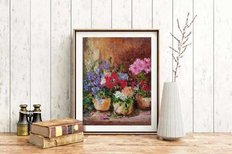 Floral Bouquet Original Oil Painting Potted Flowers Wall Art Gift Idea 手工油畫 油畫原作