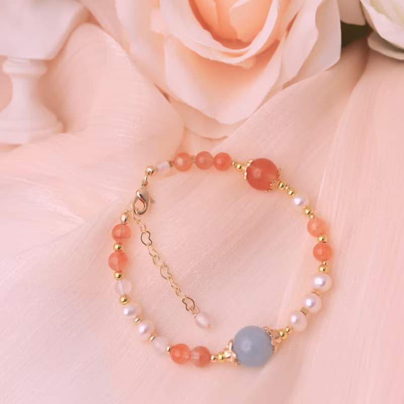 晨曦柔光  海藍寶×紅兔毛×珍珠 14K包金可調式手鍊