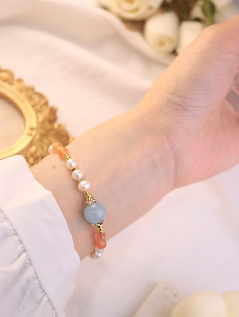 晨曦柔光  海藍寶×紅兔毛×珍珠 14K包金可調式手鍊