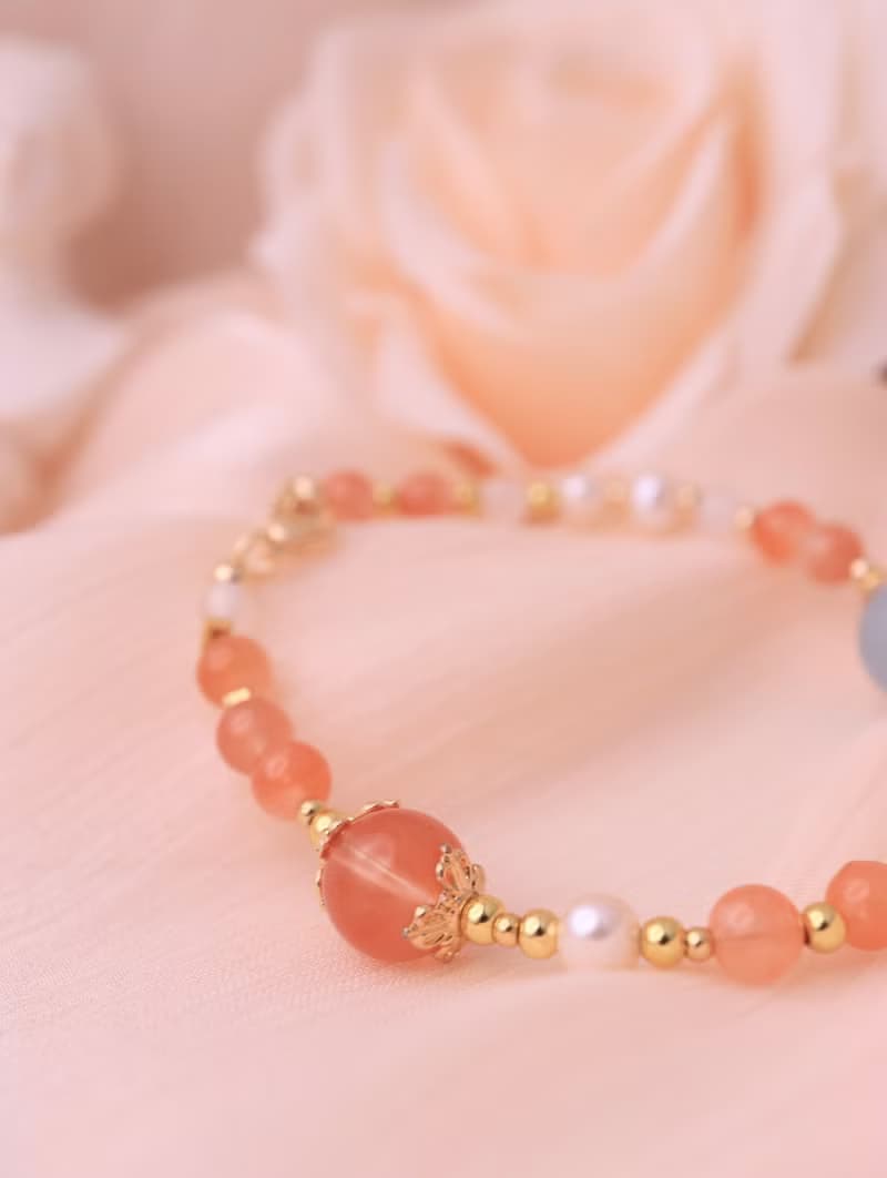 晨曦柔光  海藍寶×紅兔毛×珍珠 14K包金可調式手鍊