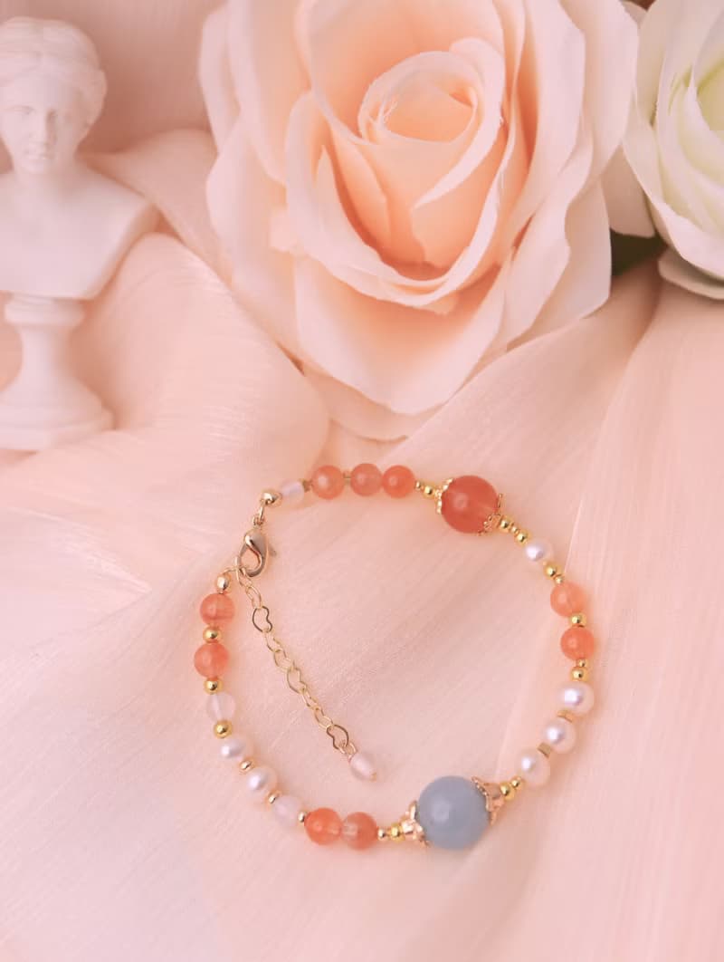 晨曦柔光  海藍寶×紅兔毛×珍珠 14K包金可調式手鍊