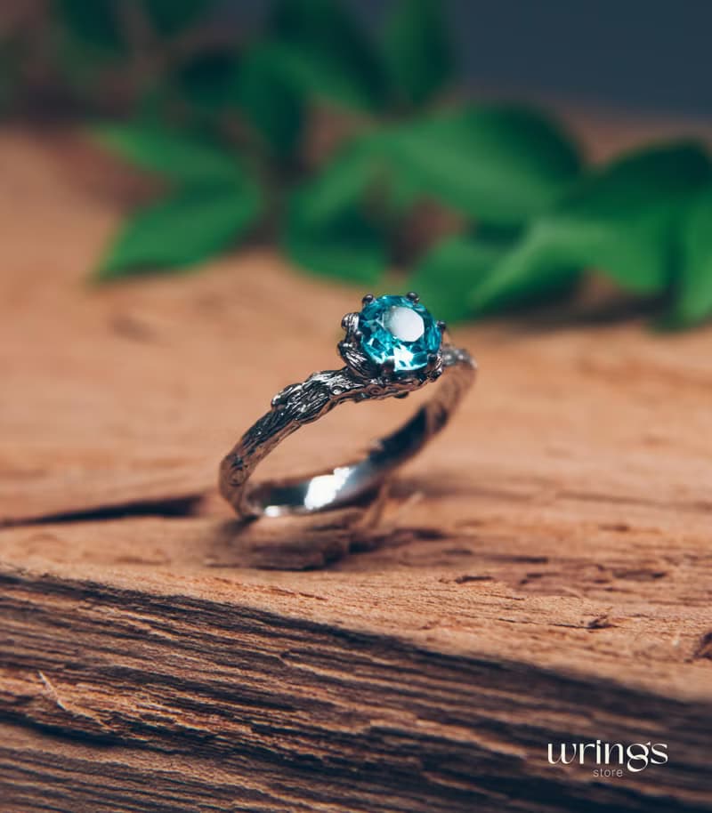 Dainty Twig and Blue Topaz Engagement Ring Silver Nature inspired Custom Stone