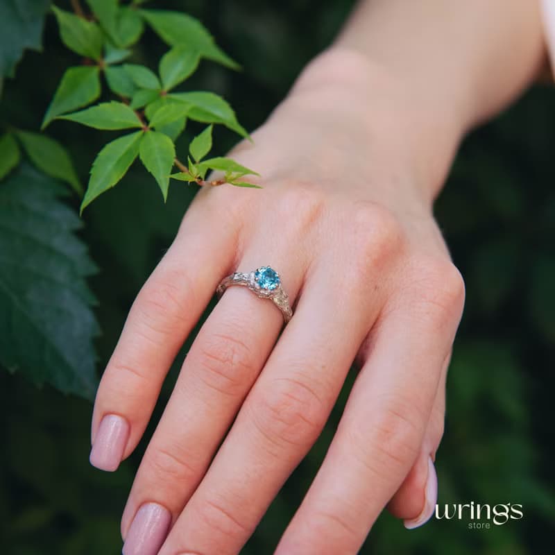 Dainty Twig and Blue Topaz Engagement Ring Silver Nature inspired Custom Stone
