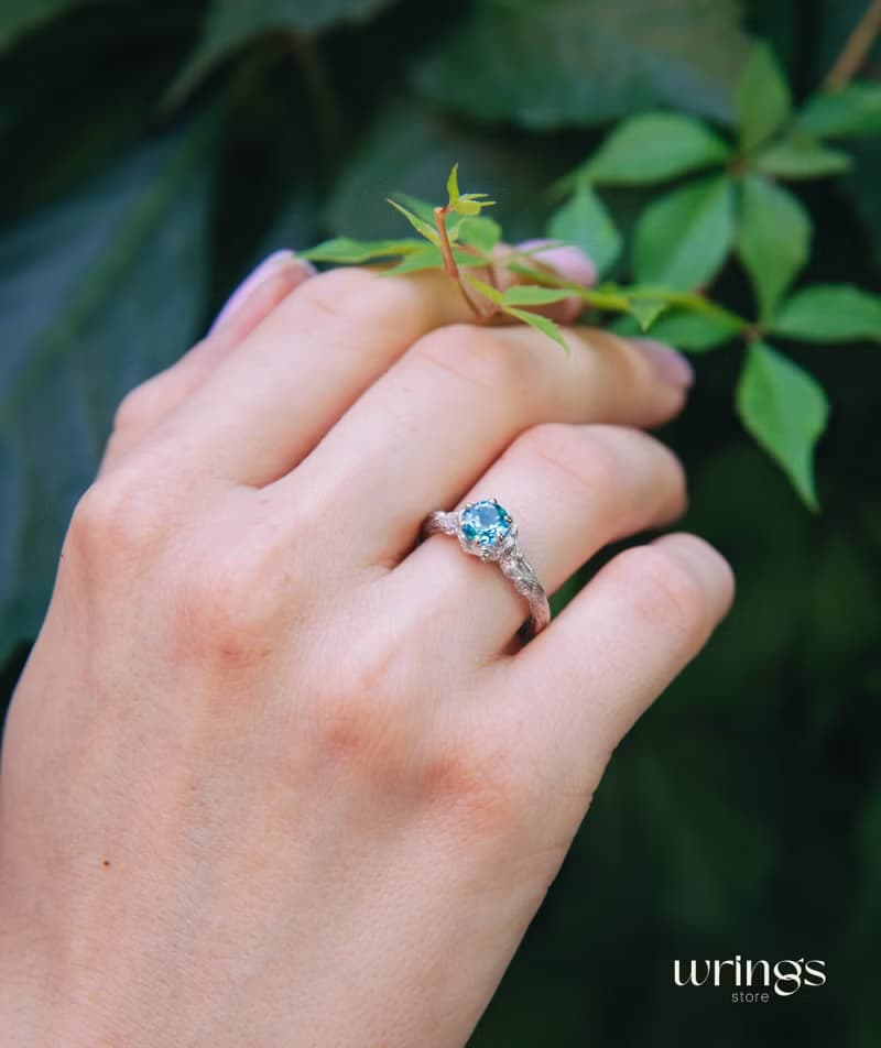 Dainty Twig and Blue Topaz Engagement Ring Silver Nature inspired Custom Stone