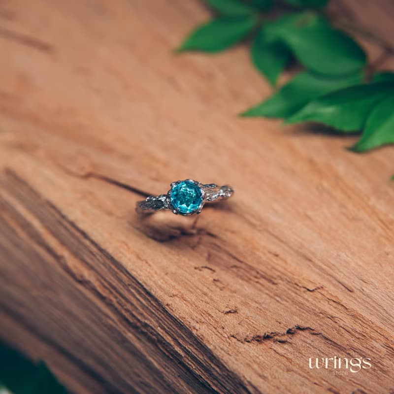 Dainty Twig and Blue Topaz Engagement Ring Silver Nature inspired Custom Stone
