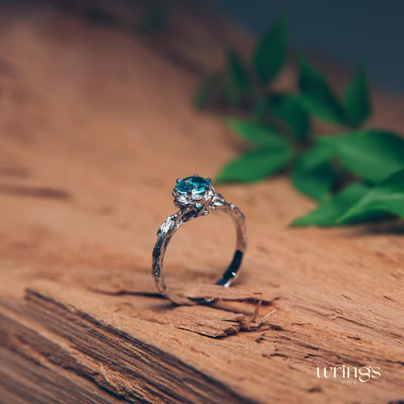Dainty Twig and Blue Topaz Engagement Ring Silver Nature inspired Custom Stone