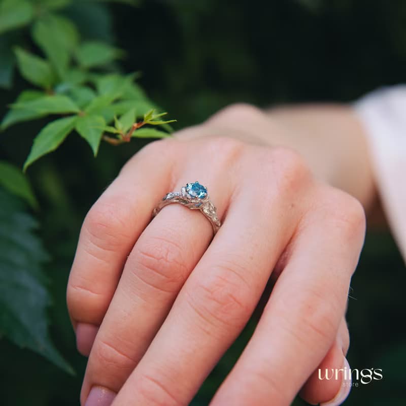 Dainty Twig and Blue Topaz Engagement Ring Silver Nature inspired Custom Stone