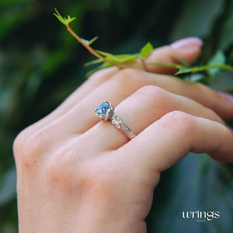 Dainty Twig and Blue Topaz Engagement Ring Silver Nature inspired Custom Stone