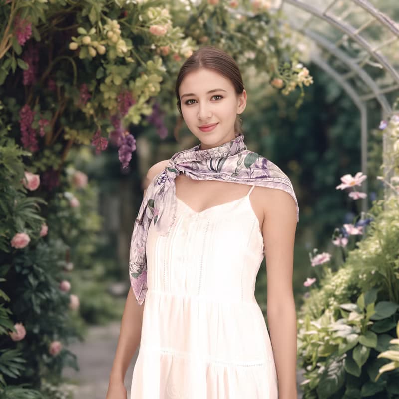 紫色秘密花園千鳥格 大方巾絲巾90厘米 Jardin Des Fontaines