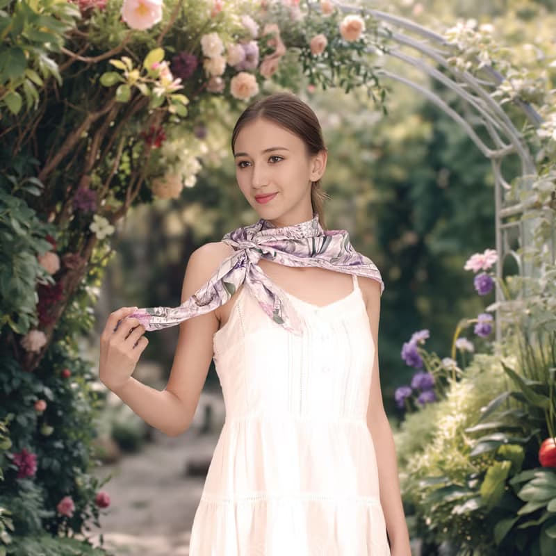 紫色秘密花園千鳥格 大方巾絲巾90厘米 Jardin Des Fontaines