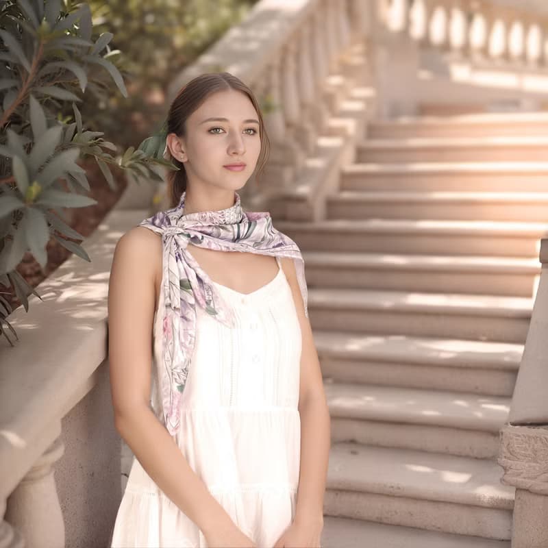 紫色秘密花園千鳥格 大方巾絲巾90厘米 Jardin Des Fontaines