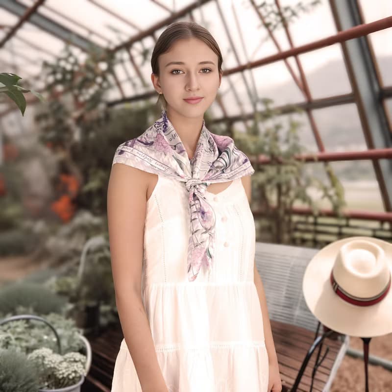 紫色秘密花園千鳥格 大方巾絲巾90厘米 Jardin Des Fontaines