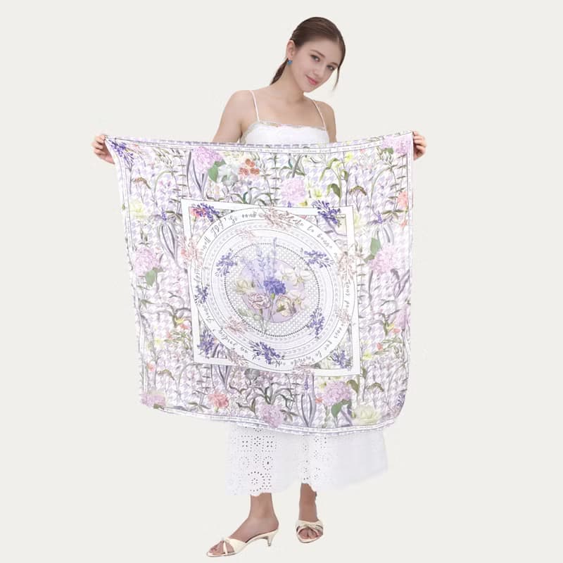 紫色秘密花園千鳥格 大方巾絲巾90厘米 Jardin Des Fontaines