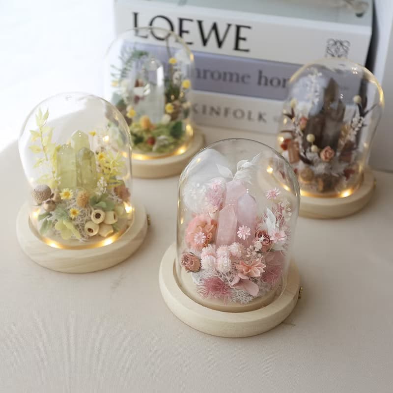 S09水晶罩盅 / 玻璃罩盅 水晶燈 永生花盅 茶水晶 黃水晶 粉水晶