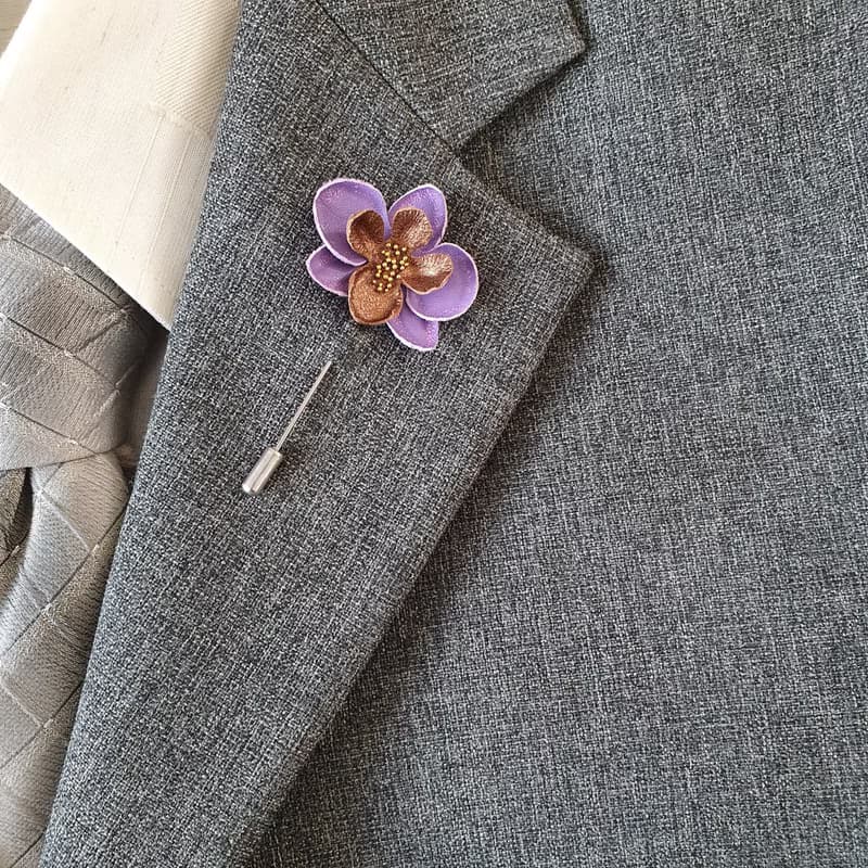Men's lapel pin flower orchid lilac, Fathers day gift for him Leather boutonnie