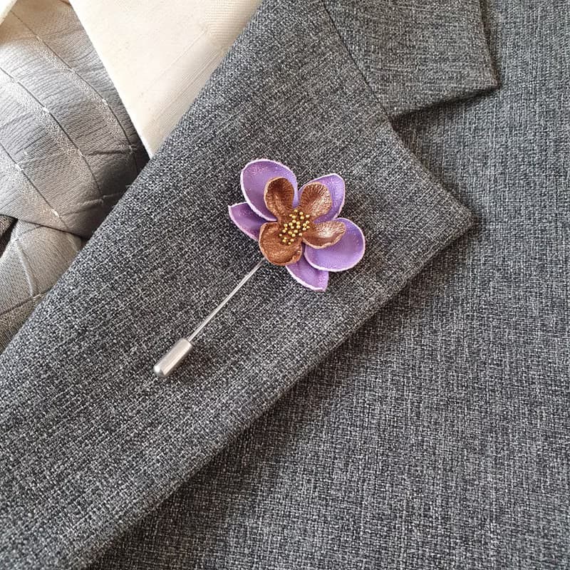 Men's lapel pin flower orchid lilac, Fathers day gift for him Leather boutonnie