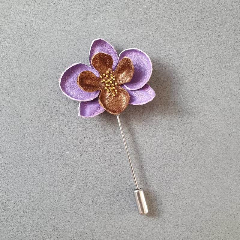 Men's lapel pin flower orchid lilac, Fathers day gift for him Leather boutonnie