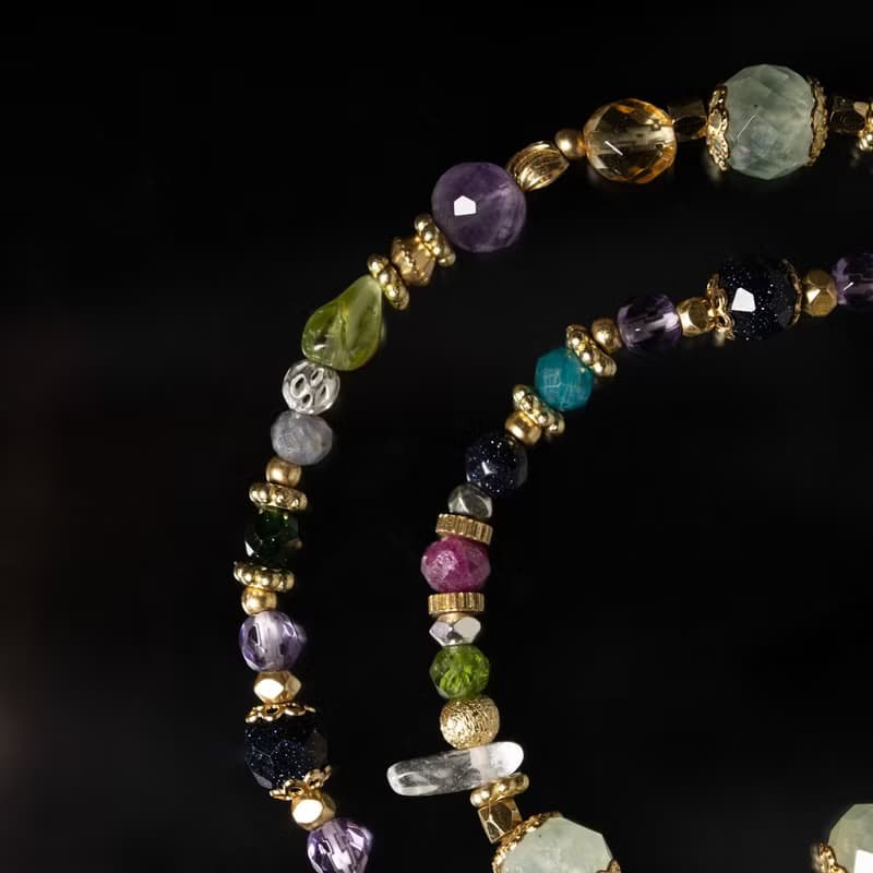 九久珍寶 l 葡萄石薰衣草紫晶藍金沙雙圈手鍊 C1729