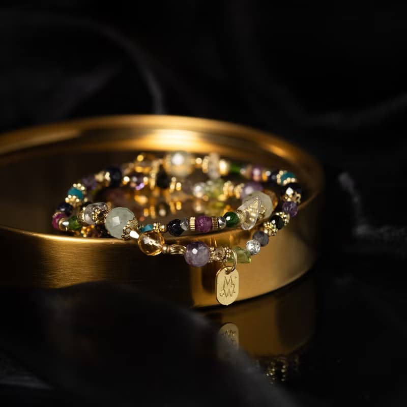 九久珍寶 l 葡萄石薰衣草紫晶藍金沙雙圈手鍊 C1729