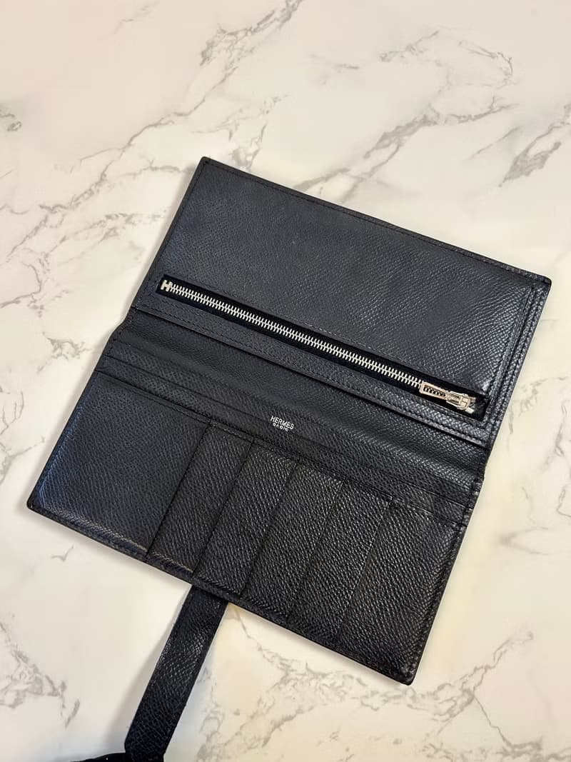 【絕版古董包】中古二手Hermes黑銀色皮革Bearn長夾錢包小手拿袋