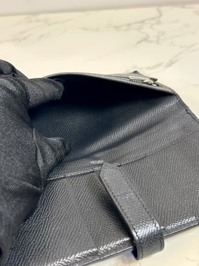 【絕版古董包】中古二手Hermes黑銀色皮革Bearn長夾錢包小手拿袋