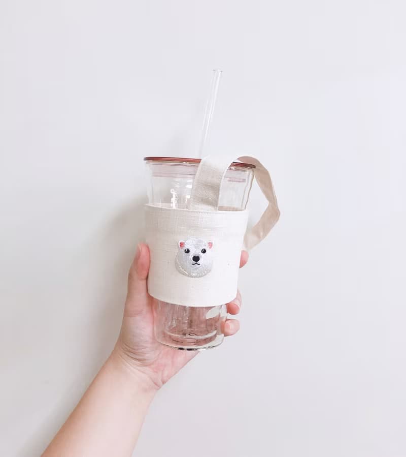 【小熊比比】白熊刺繡米白飲料杯袋 杯套